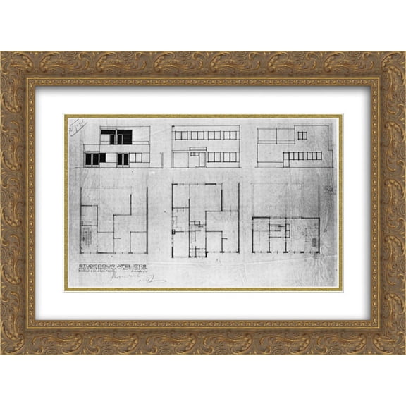 Theo van Doesburg 2x Matted 24x18 Gold Ornate Framed Art Print 'Design for a house and studio for Bertalan Por, elevations and plans'