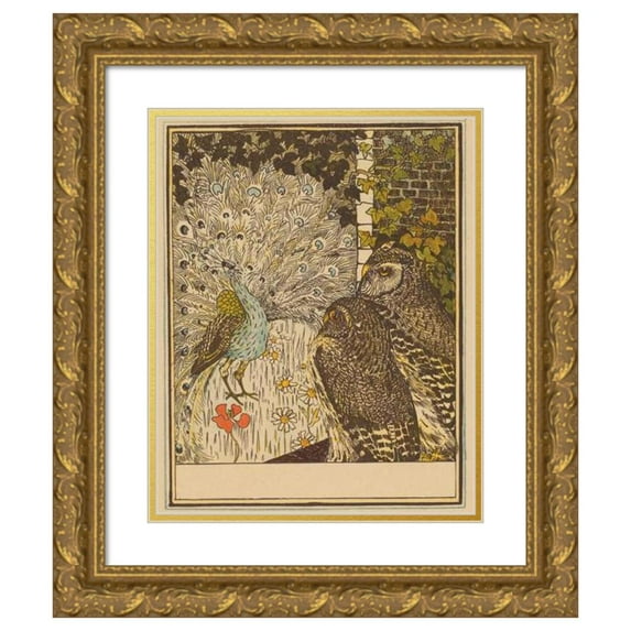 Theo van Hoytema 12x14 Gold Ornate Wood Frame and Double Matted Museum Art Print Titled - Peacock and Two Owls (1895)