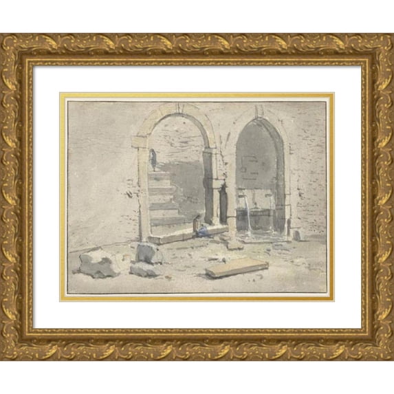 Theodoor Wilkens 18x14 Gold Ornate Wood Frame and Double Matted Museum Art Print Titled - Fountain Against a City Wall, in Which a Staircase is Built (1700 - 1748)