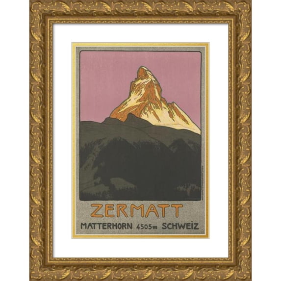 Theodor Barth 11x14 Gold Ornate Wood Frame and Double Matted Museum Art Print Titled - Zermatt, Matterhorn 4505M Switzerland (1908)
