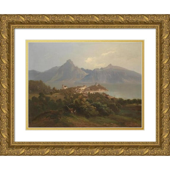 Theodor Freiherr von Ehrmanns 18x14 Gold Ornate Wood Frame and Double Matted Museum Art Print Titled - View of Traunkirchen (1871)