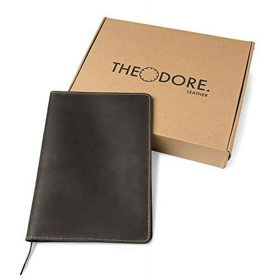 Theodore Black Leather Notebook Cover 7.8 x 10.8 Inch with Journal - Padfolio for Tablet, Phone, Notebook, Business Cards, Pen & Phone Pockets - Fits Moleskine XL Notebooks