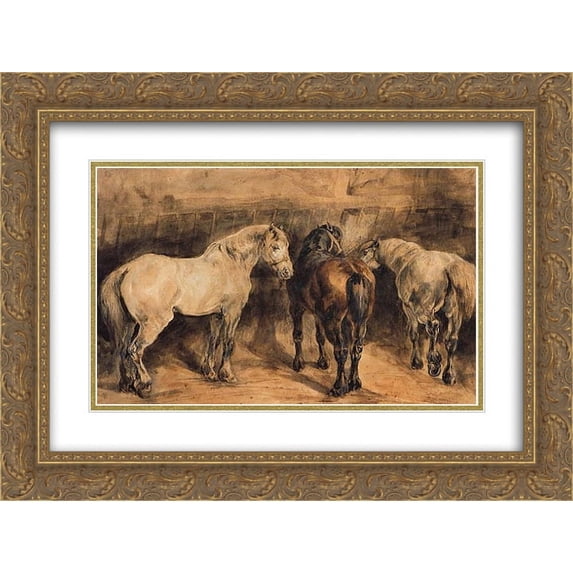 Theodore Gericault 2x Matted 24x18 Gold Ornate Framed Art Print 'Three horses?in?their?stable'
