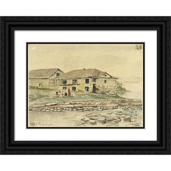 Theodore J. Richardson 14x11 Black Ornate Wood Framed Double Matted Museum Art Print Titled: Buildings Going to Ruin, Alaska, 1884 (1884)