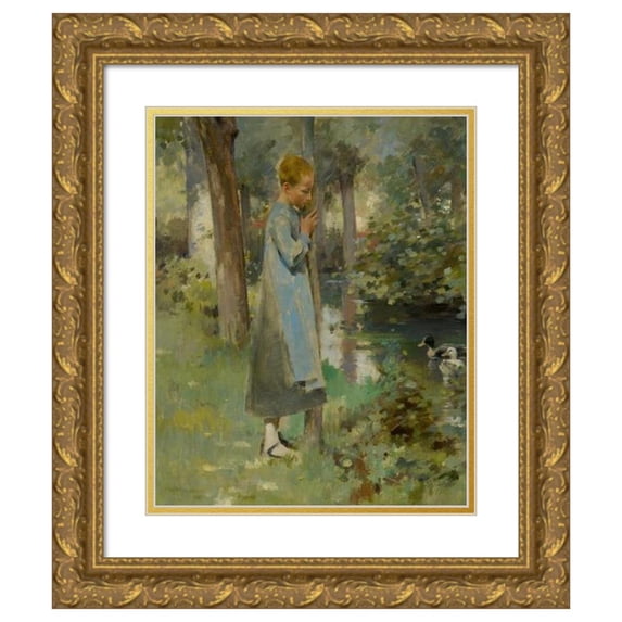 Theodore Robinson 12x14 Gold Ornate Wood Frame and Double Matted Museum Art Print Titled - By the River ( 1887)