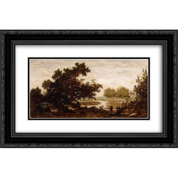 Theodore Rousseau 2x Matted 24x16 Black Ornate Framed Art Print 'Meadowsácrossedábyáaáriver'
