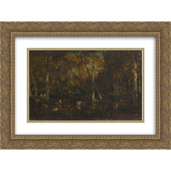 Theodore Rousseau 2x Matted 24x18 Gold Ornate Framed Art Print 'Inside the forest grove at Vieux Dormoir du Bas-Breau (Fontainebleau forest)'
