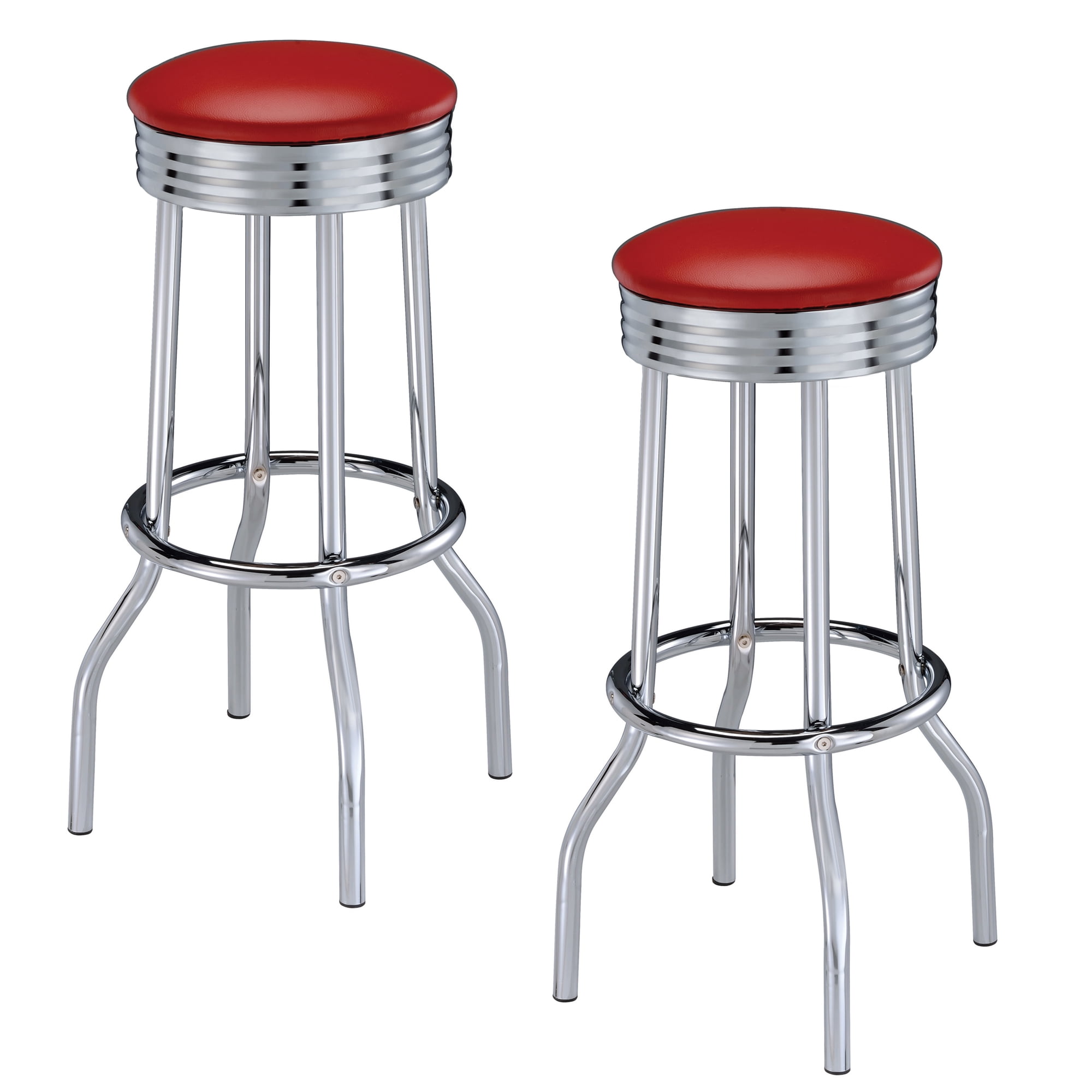 Retro Red and Chrome Swivel Backless Bar Stools, Set of 2