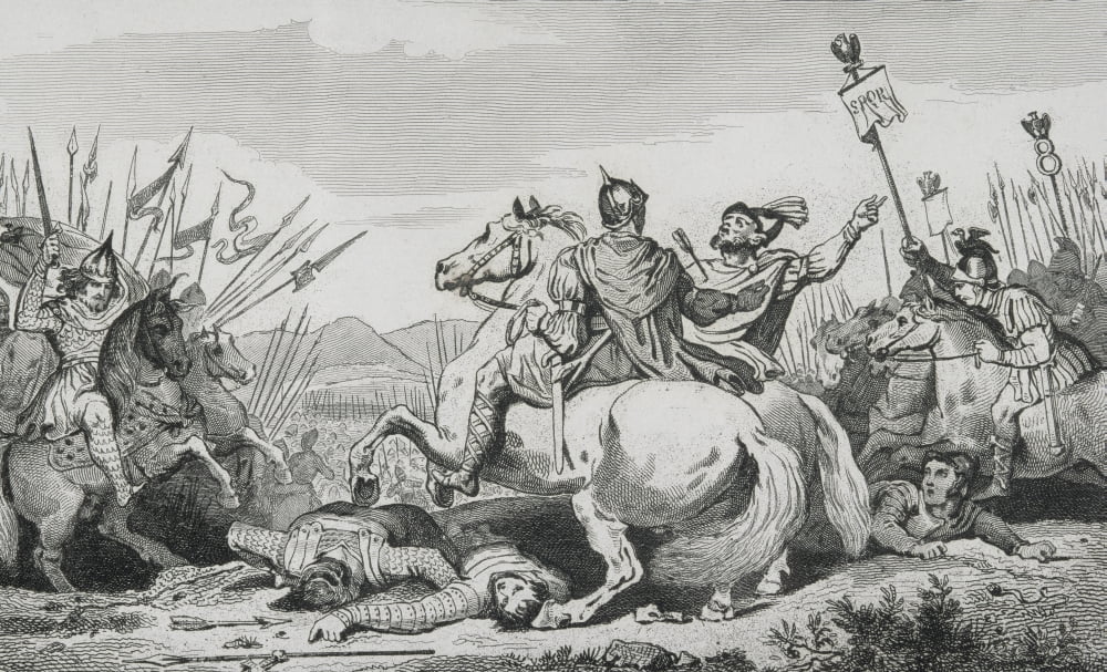 Theodoric I Is Slain In Battle Of Chalons 451 Ad Against Attila From Histoire De France By Colart Published Circa 1840 Canvas Art - Ken Welsh Design Pics (19 x 11)