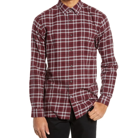 Theory Mens Plaid Button Up Shirt, Red, Large