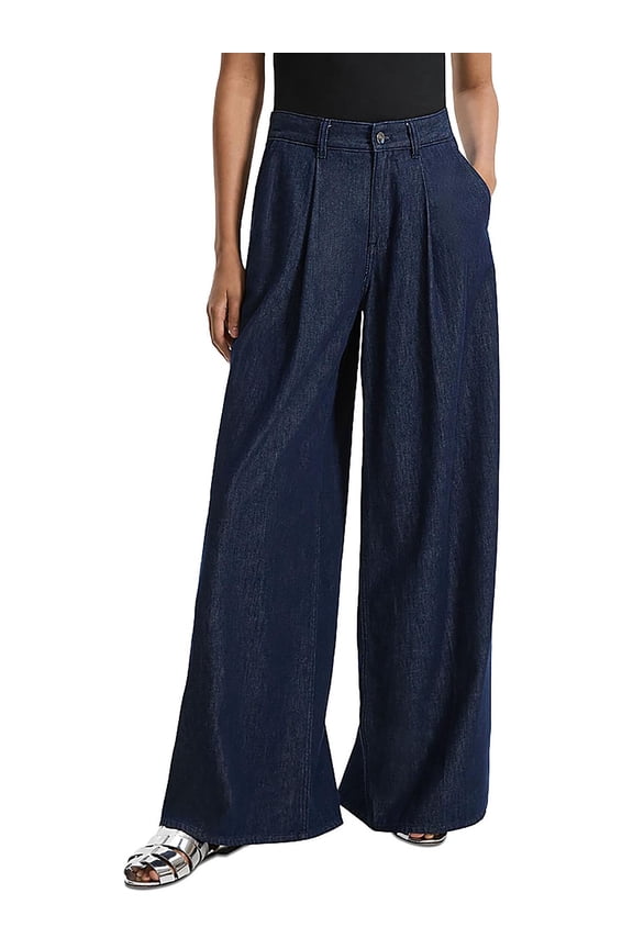 Womens Pleated Denim Wide Leg Jeans