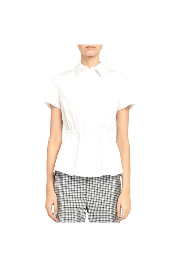 Womens SS Cinched Peplum Collared Button-Down Top White S
