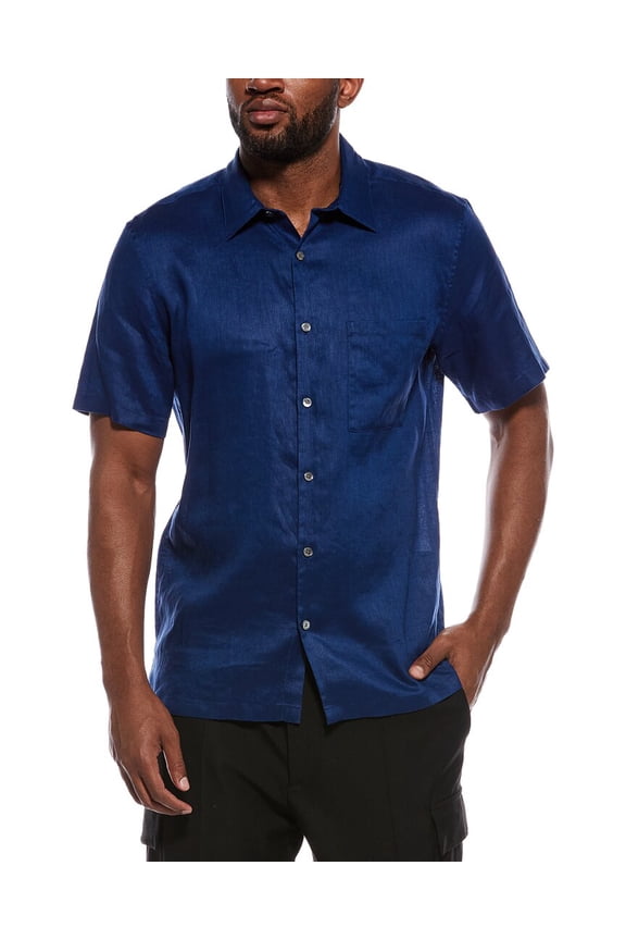 mens Irving Linen Button Front Shirt, m, Blue