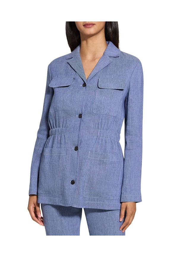 womens Cinch Linen-Blend Patch Jacket, 8, Blue