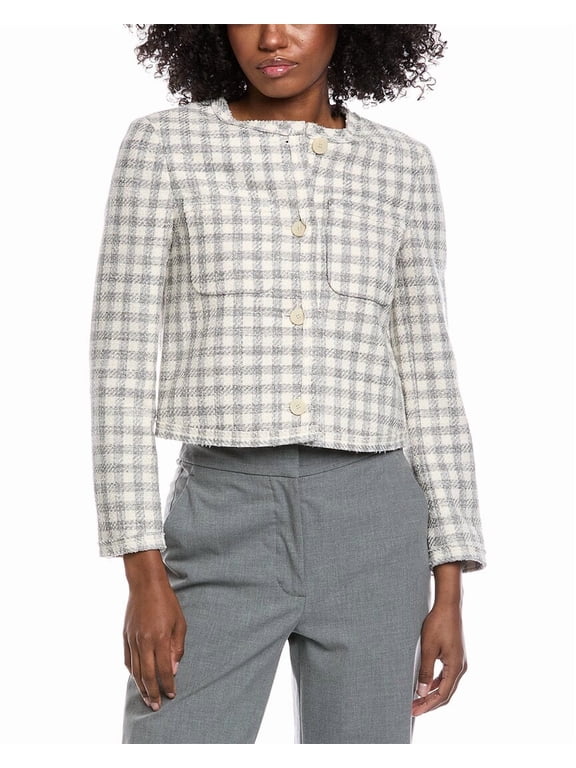 womens Cropped Gingham Jacket, 10, Grey