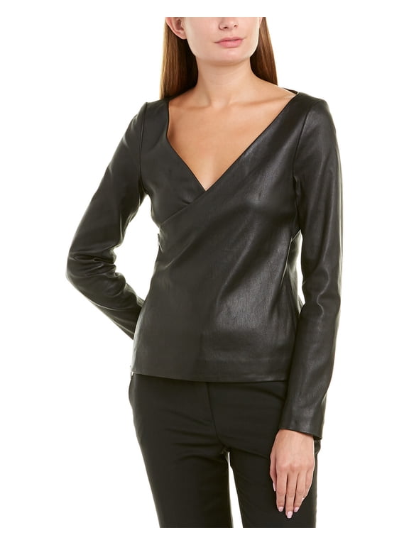 womens Fitted Leather Wrap Jacket, 00, Black