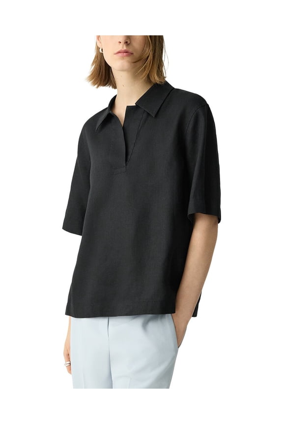 womens Linen Boxy Polo Top, s, Black