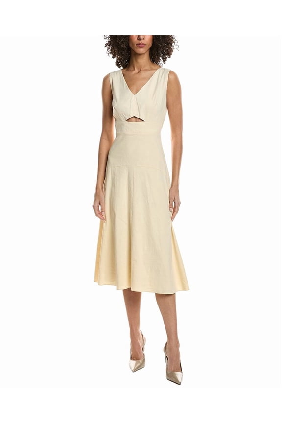 womens Midi Linen-Blend Dress, 4, White