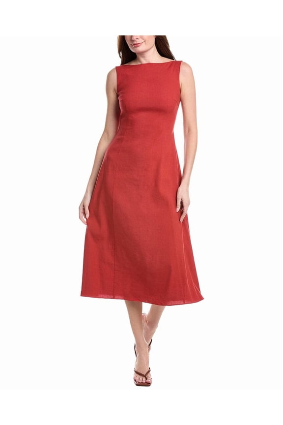 womens Sleeveless Boatneck Linen-Blend Dress, 0, Red