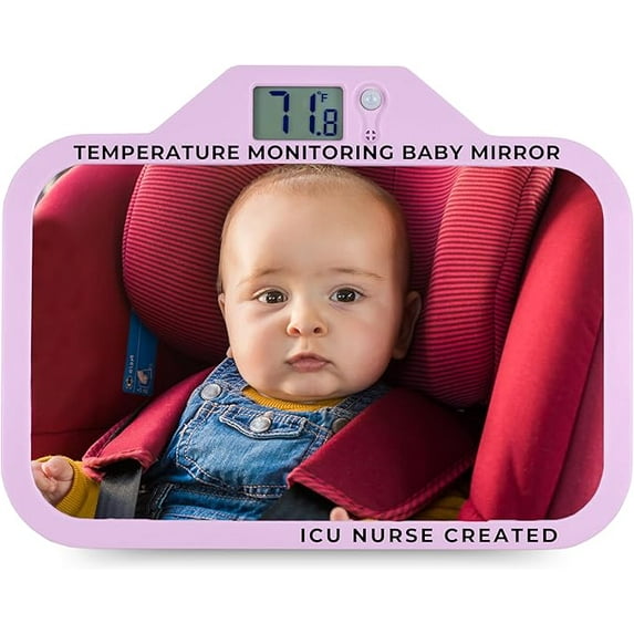TherMOMirror Baby Car Seat Mirror with Temperature Display | Essential for Newborns | Perfect Baby Registry Gift | 4 Colors (Pink)
