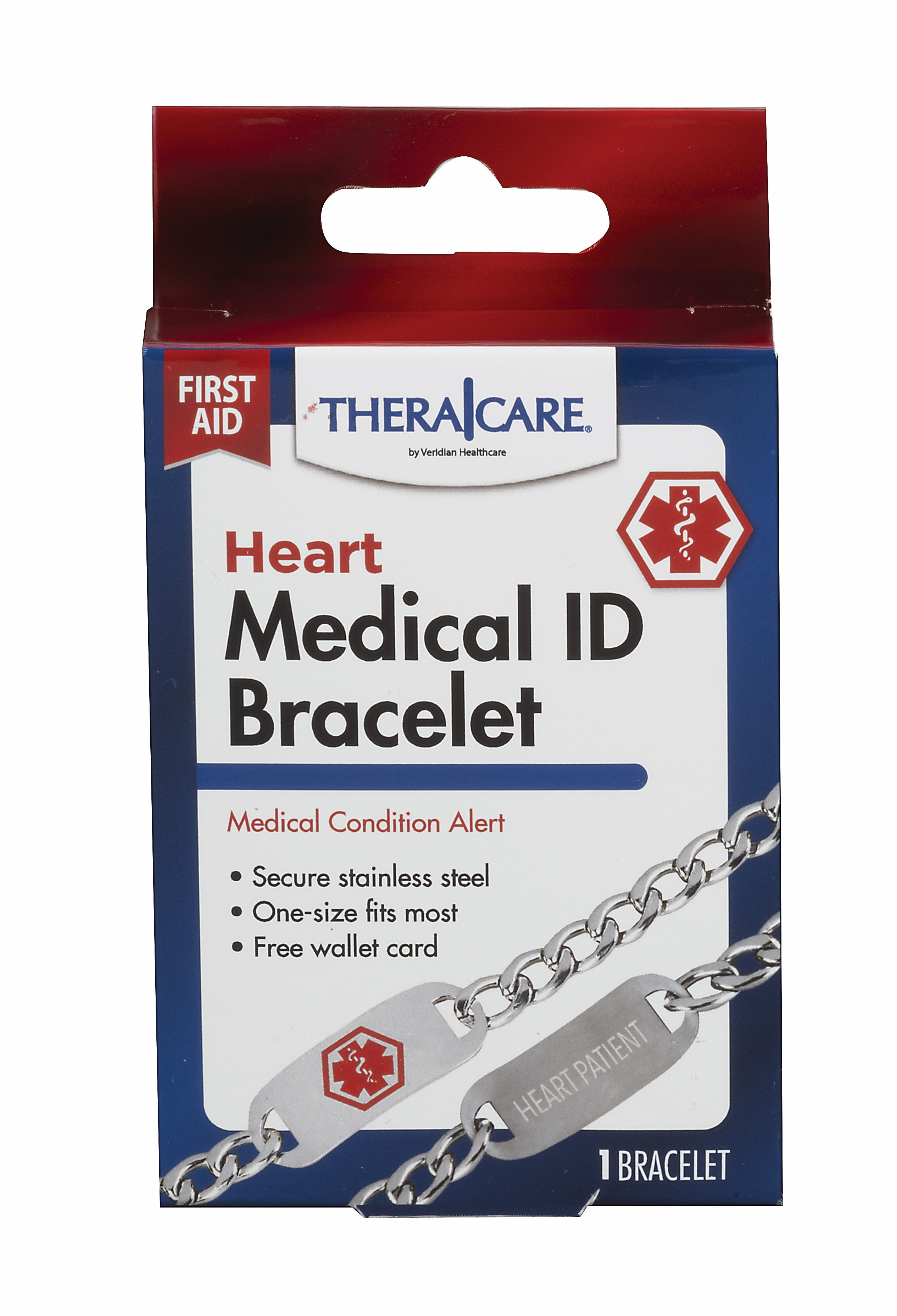 Thera|Care Stainless Steel Heart Medical ID Bracelet, Adjustable