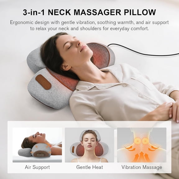 Thera Massage Pillow Neck Hump 3-in-1 Neck Massager Pillow with Heat, Deep Tissue Relief & Neck Traction, Cervical Support & Hump Corrector for Women and Men, Memory Foam Support(Grey)