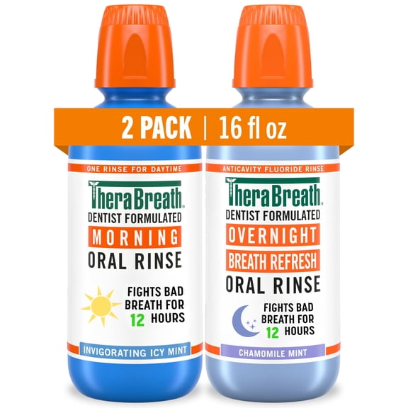TheraBreath AM + PM Mouthwash Bundle, Morning & Overnight Rinses, 16 fl oz (2-Pack)