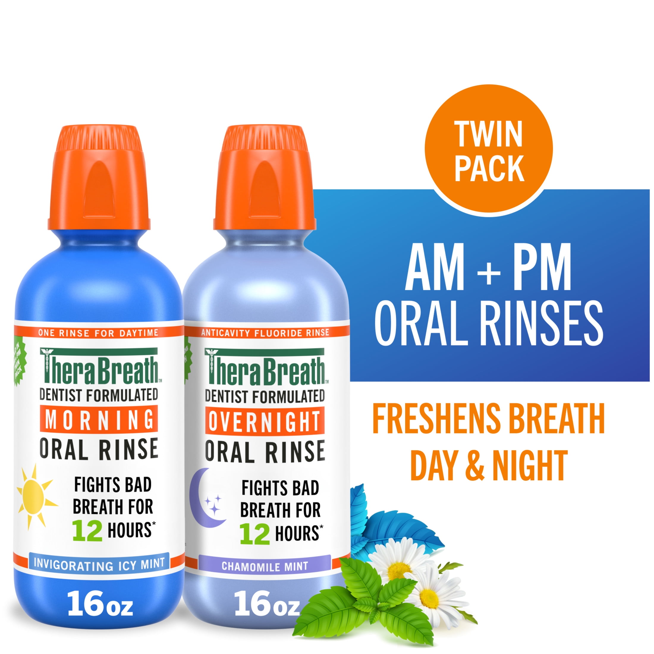 TheraBreath AM + PM Mouthwash Bundle, Morning & Overnight Rinses, 16 fl oz (2-Pack)