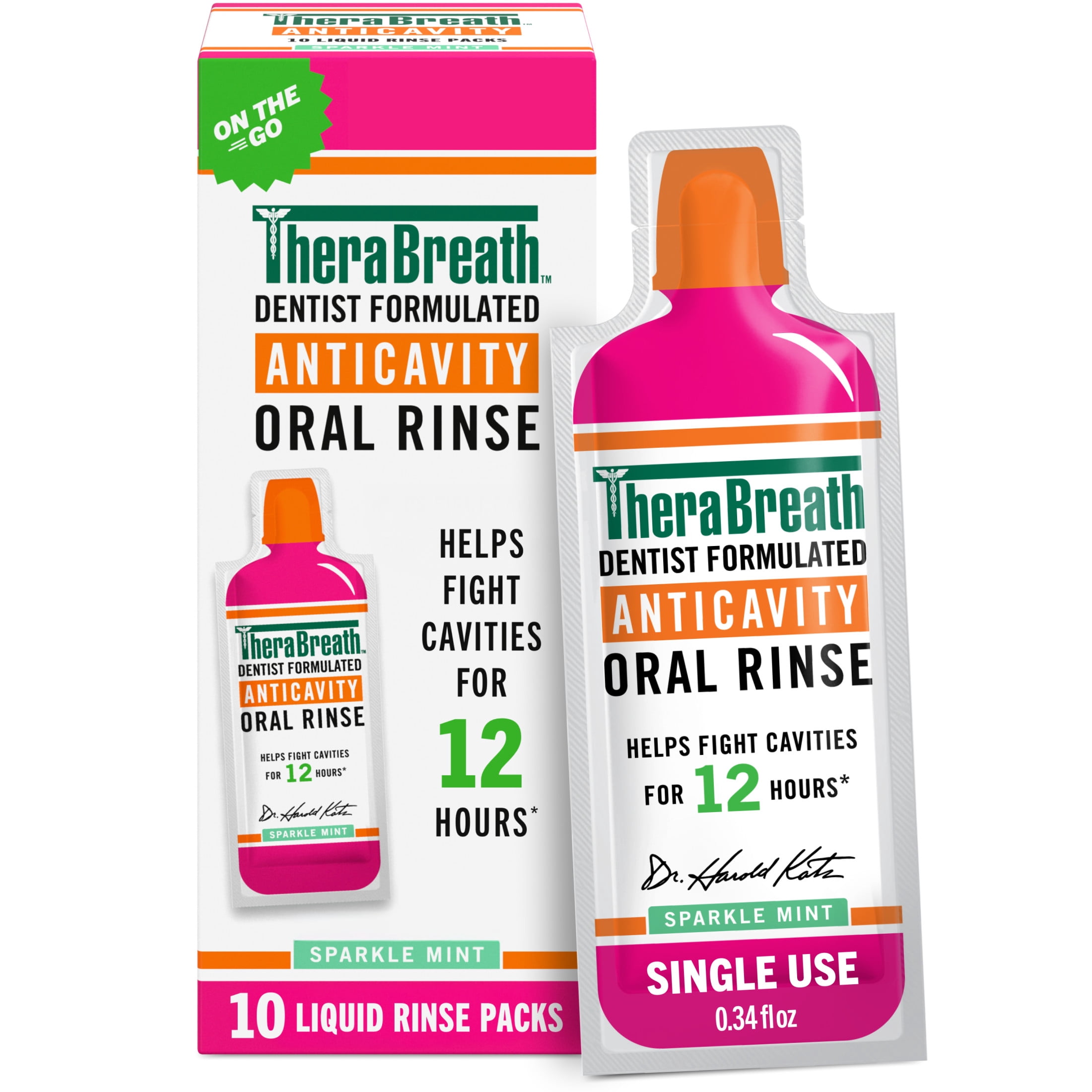 TheraBreath Anticavity Oral Rinse Mouthwash Packets, Sparkle Mint, 0.34 fl oz, 10 Pack