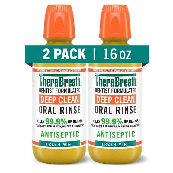 TheraBreath Deep Clean Mouthwash, Antiseptic benefits, Fresh Mint Flavor, Dentist Formulated, Alcohol Free, 16 fl oz, 2 Pack