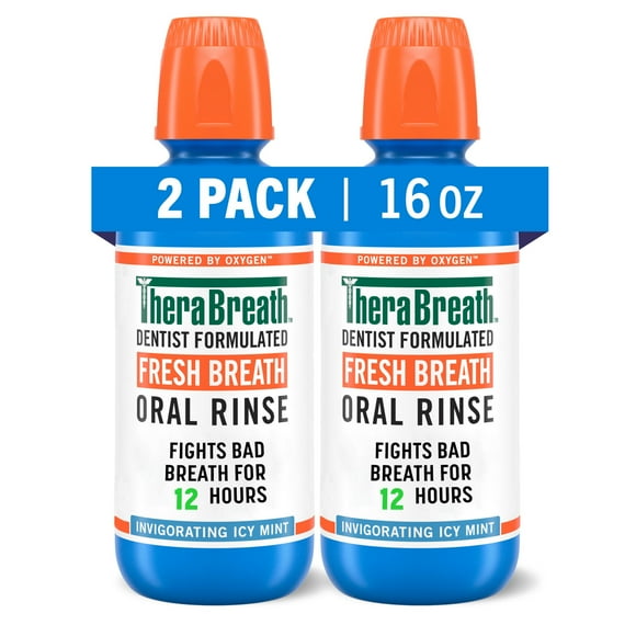 TheraBreath Fresh Breath Mouthwash, Icy Mint Flavor, Alcohol-Free, 16 Fl Oz (2-Pack)