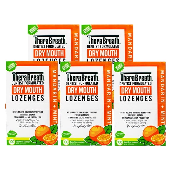 TheraBreath Dry Mouth Lozenges Mandarin & Mint Flavor, 100 Count - 5 Pack