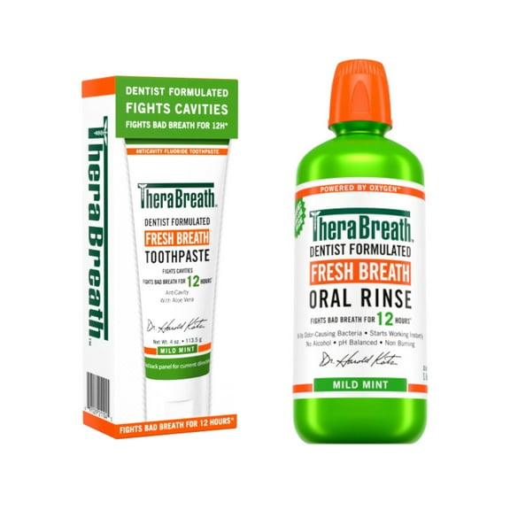 TheraBreath Fresh Breath Dentist Formulated Toothpaste, Mild Mint, 4 Ounce & TheraBreath Fresh Breath Mouthwash, Mild Mint, Alcohol-Free, 1 Liter