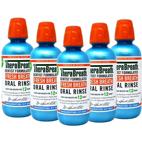 TheraBreath Fresh Breath Mouthwash, Alcohol-Free Oral Rinse, Icy Mint, 16 fl oz - 5 Pack