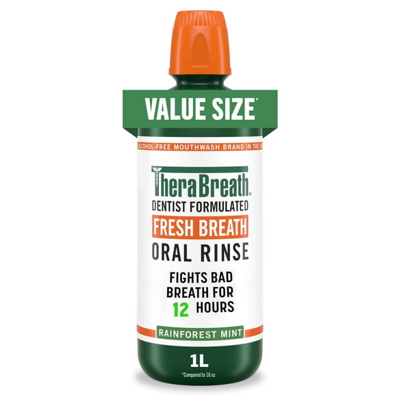 TheraBreath Fresh Breath Mouthwash, Rainforest Mint, Alcohol-Free, 33.8 oz/1 L
