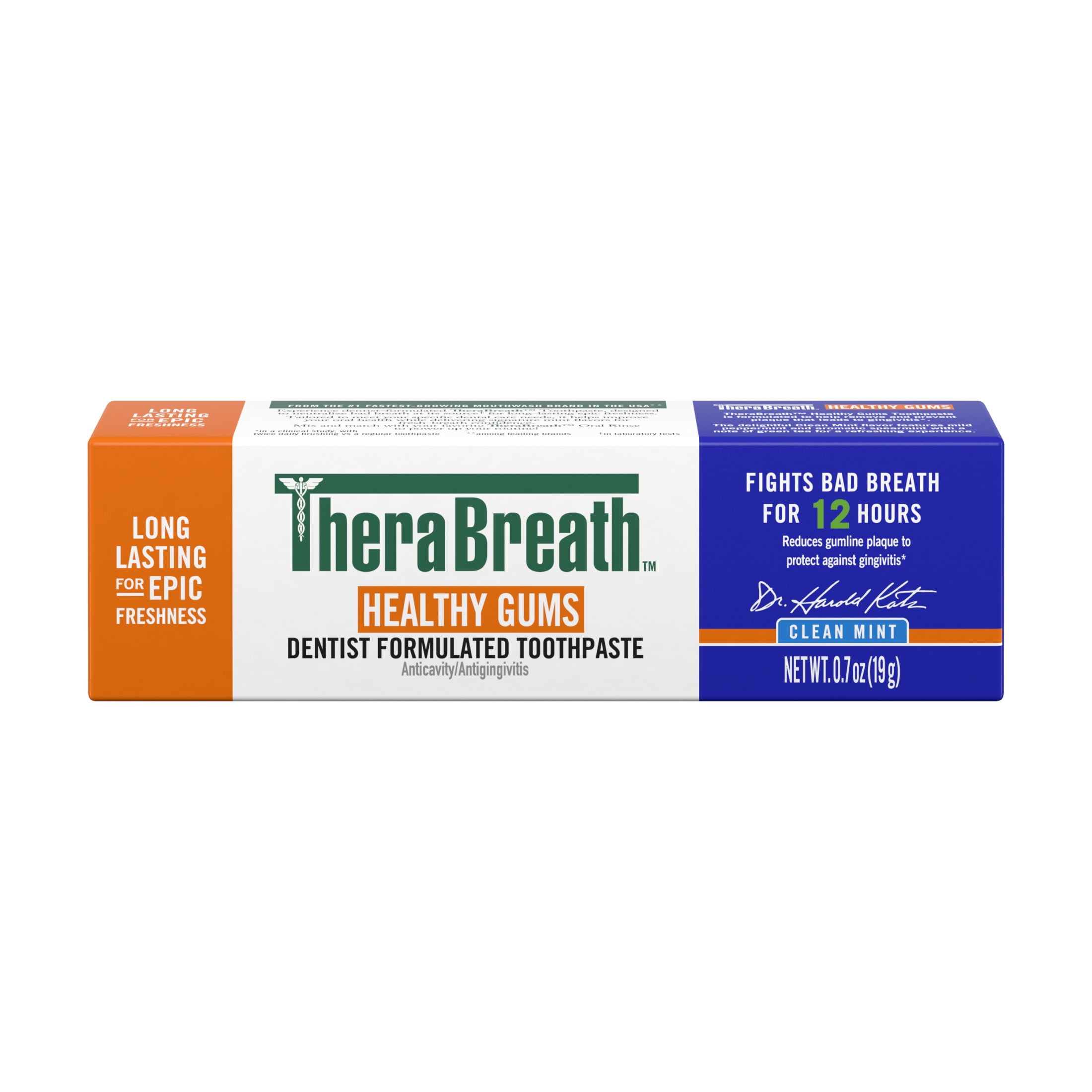 TheraBreath Healthy Gums Toothpaste, Fights Bad Breath for 12 Hours, with Stannous Fluoride for Anticavity & Gingivitis Protection, Clean Mint, 0.7 Oz Trial Size