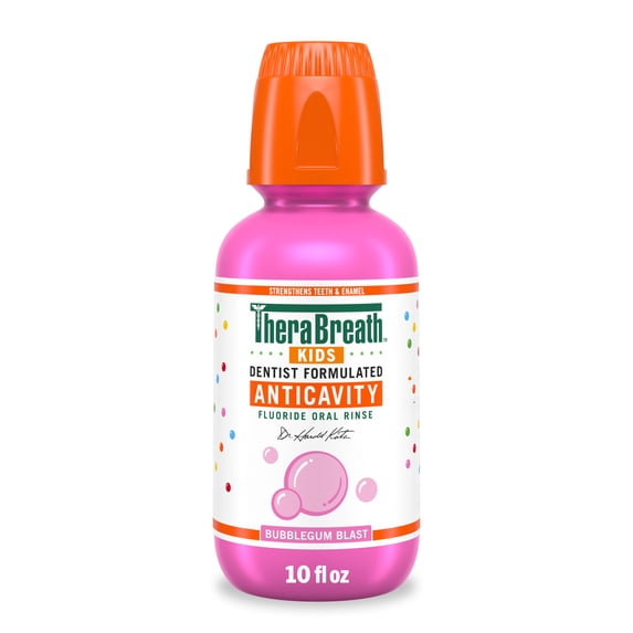 TheraBreath Kids Anticavity Fluoride Oral Rinse, Strengthens Teeth & Enamel, Alcohol Free & Dye Free, Certified Organic Bubblegum Blast Flavor, 10 fl oz