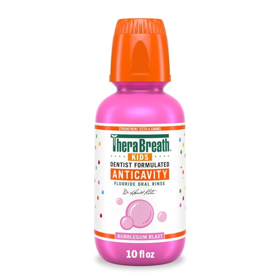TheraBreath Kids Anticavity Fluoride Oral Rinse, Strengthens Teeth & Enamel, Alcohol Free & Dye Free, Certified Organic Bubblegum Blast Flavor, 10 fl oz