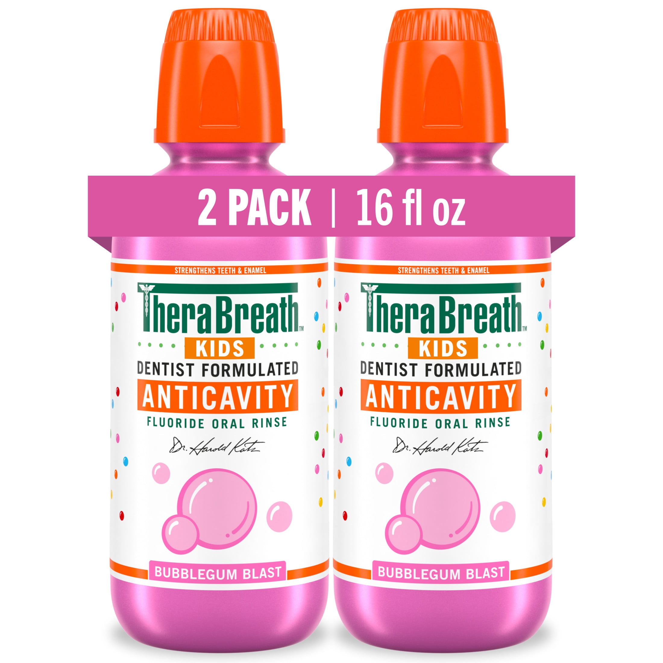 TheraBreath Kids Anticavity Fluoride Oral Rinse, Strengthens Teeth & Enamel, Alcohol Free & Dye Free, Certified Organic Bubblegum Blast Flavor, 16 Fl Oz, 2-Pack