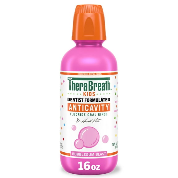 TheraBreath Kids Anticavity Fluoride Oral Rinse, Strengthens Teeth & Enamel, Alcohol Free & Dye Free, Certified Organic Bubblegum Blast Flavor, 16 Fl Oz