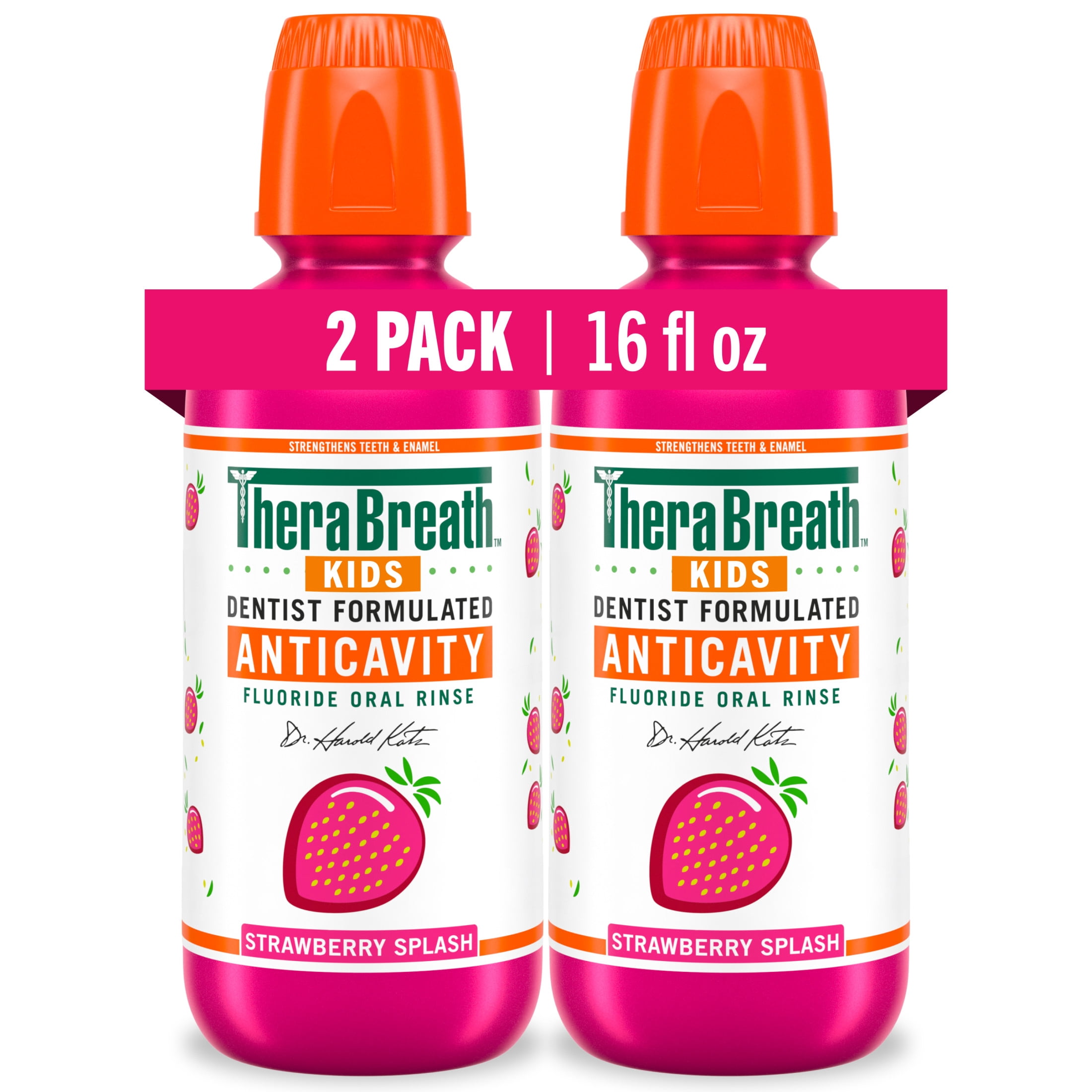 TheraBreath Kids Mouthwash with Fluoride, Organic Strawberry Splash, Anticavity, 16 fl oz, 2 Pack