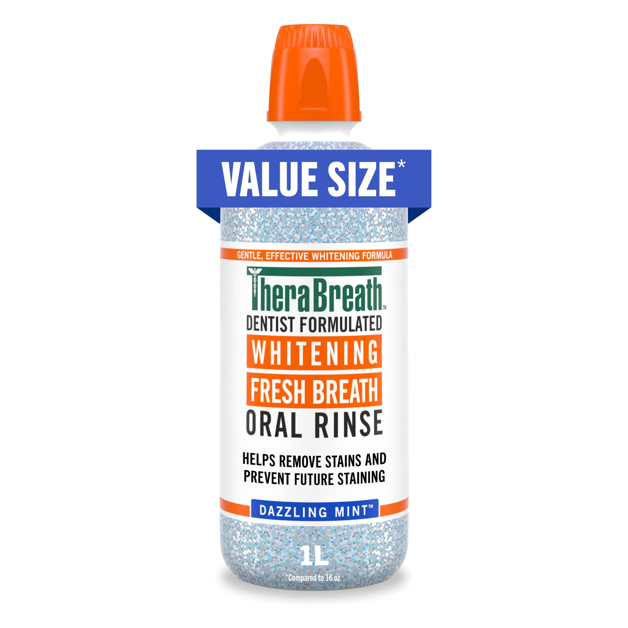 TheraBreath Whitening Mouthwash, Dazzling Mint, Dentist Formulated, 1 Liter