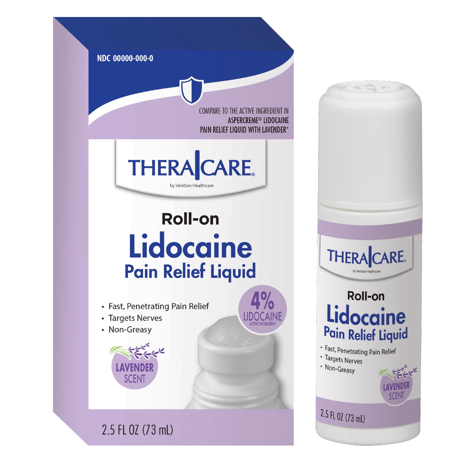 TheraCare 4 % Lidocaine Roll-On | Soothing Lavender Scent | OTC Strength | Pain Relief Liquid | 2.5 oz. 73 mL | Topical Anesthetic