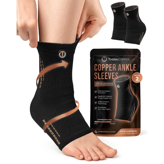 TheraCopper Copper Ankle Brace (2 Pack)  Compression Ankle Sleeves for Men & Women  Copper-Infused Ankle Support for Running, Fitness, Workouts & Daily Wear (Large)