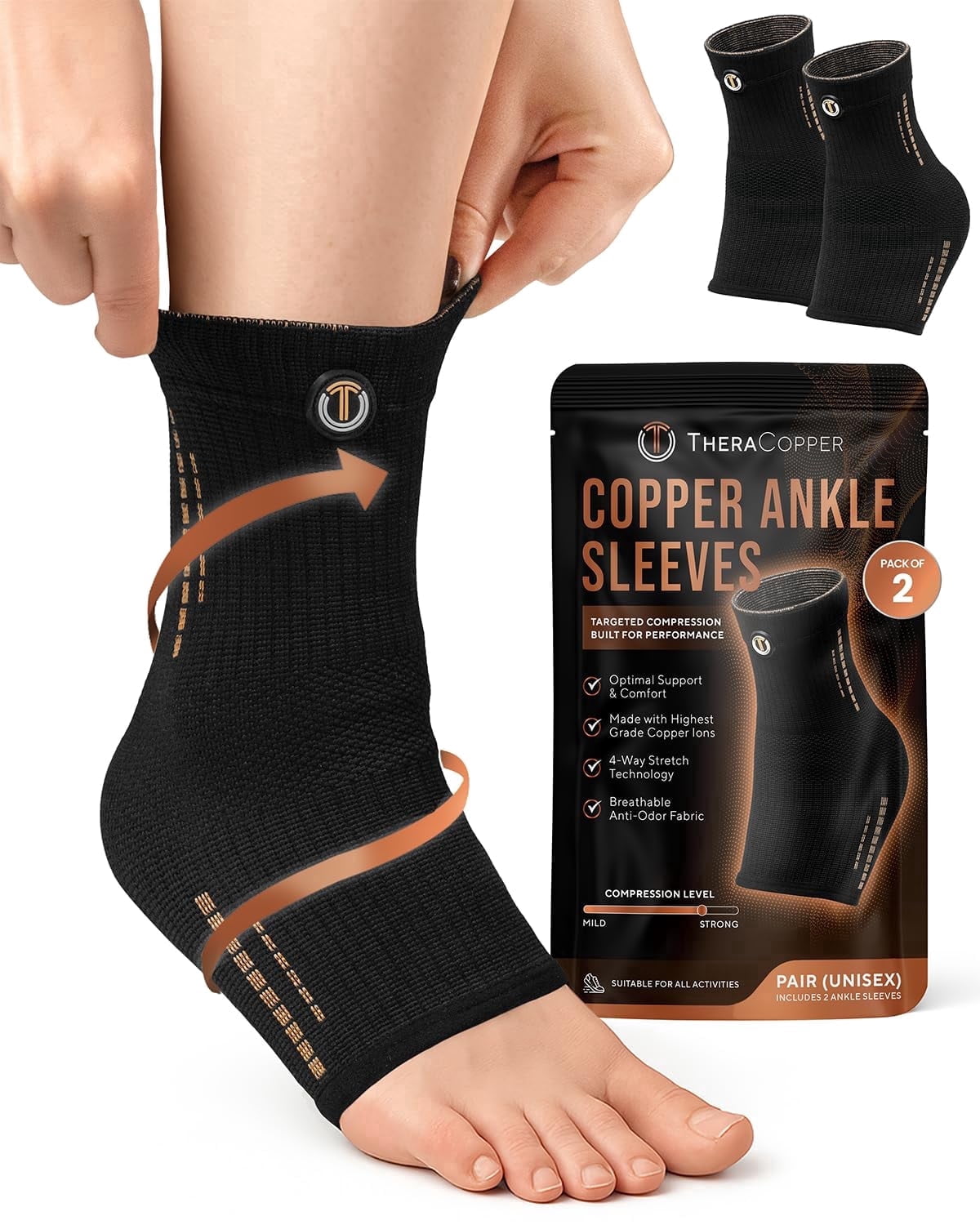 TheraCopper Copper Ankle Brace (2 Pack) — Compression Ankle Sleeves for Men & Women — Copper-Infused Ankle Support for Running, Fitness, Workouts & Daily Wear (Small)