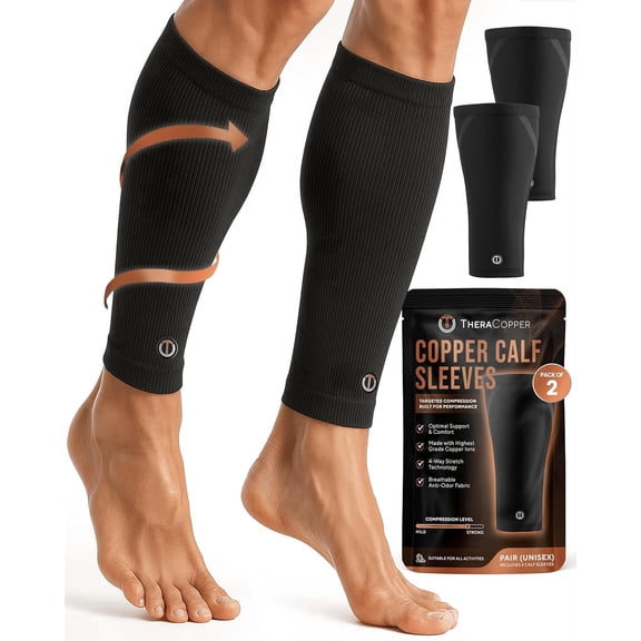 TheraCopper Copper Calf Compression Sleeve Premium Copper Compression Shin Sleeve for Men & Women Breathable & Non-Slip Leg Sleeves for Runners, Shin Splints, Muscle Recovery & Leg Fatigue (Medium)
