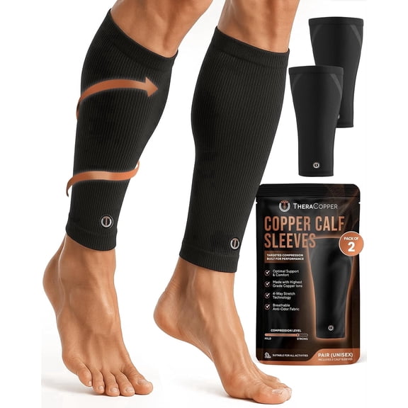 TheraCopper Copper Calf Compression Sleeve Premium Copper Compression Shin Sleeve for Men & Women .Breathable & Non-Slip Leg Sleeves for Runners, Shin Splints, Muscle Recovery & Leg Fatigue (Large)
