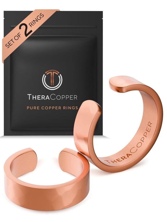 Pure Copper Rings for Women & Men (2-Pack) — 100% Pure Copper Ring — Raw, Solid & Uncoated Handmade Open-End Adjustable Ayurvedic Jewelry Rings (6mm Hammered)