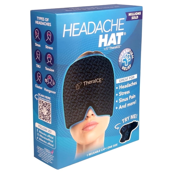 TheraICE Migraine Relief Cap, Soothing Headache Hat Ice Pack Mask, Face Cold Compress Cooling Gel Head Wrap Products for Tension, Stress & Hangover