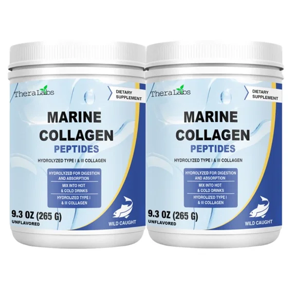 TheraLabs Marine Collagen Peptides 9.3oz (265g) Wild Caught Fish Hydrolyzed Type I & III Collagen - Kosher - Supports Healthy Skin, Nails & Hair - 26 Servings - 2PK